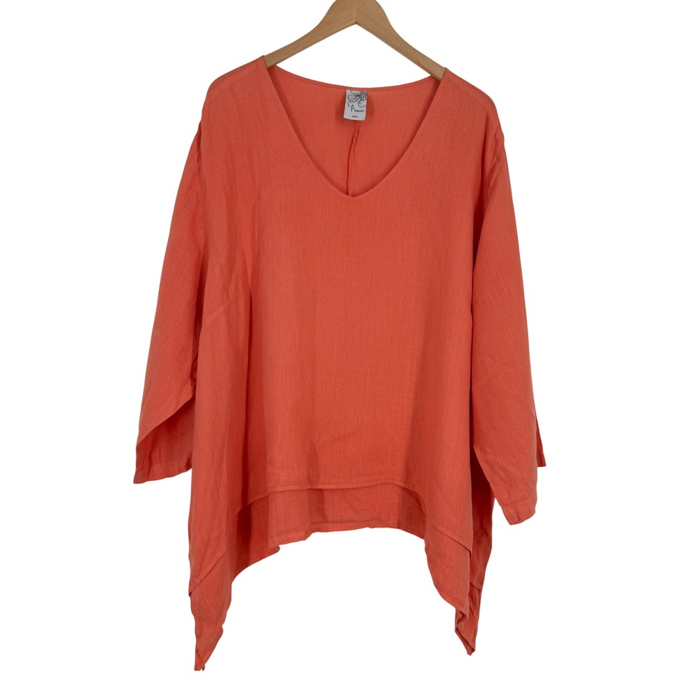 La Fixsun 100% Linen Sharkbite Tunic‎ Top Coral Orange V-Neck Plus Size 2X USA
